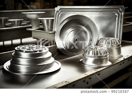 aluminum cast products produced on conveyor belt at aluminum industry factory, generative ai 99218387