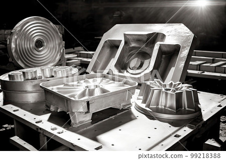 aluminum cast products produced on conveyor belt at aluminum industry factory, generative ai aluminum cast products produced on conveyor belt at aluminum industry factory, generative ai 99218388
