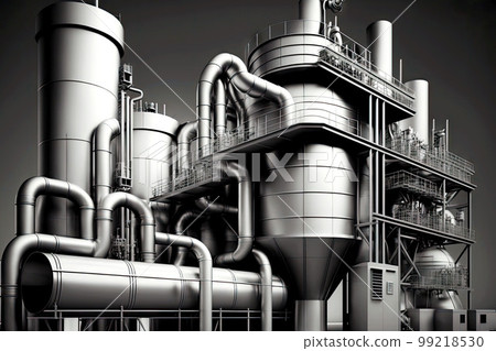 large factory in aluminum industry with pipes and metal structures, generative ai 99218530