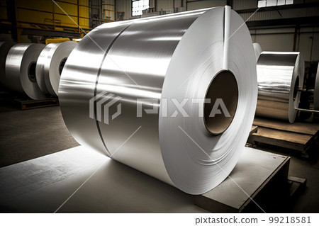large sheets of aluminum rolls prepared for further production in aluminum industry, generative ai 99218581
