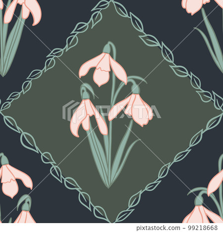 Hand drawn seamless pattern with snowdrop galanthus flower in damask in sage green dark black background. Rhimbus square print, abstract geometric spring garden nature floral art, minimalist leaves 99218668