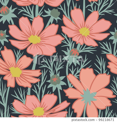 Hand drawn seamless pattern with orange cosmos flowers sage green leaves on dark black background. Nature floral spring garden design, bloom blossom buds, botanical art, boho boheman print. Hand drawn seamless pattern with orange cosmos flowers sage green leaves on dark black background. Nature floral spring garden design, bloom blossom buds, botanical art, boho boheman print. 99218671