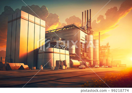 large aluminum factory with storage area and towers for production of metal on background of sunset, generative ai large aluminum factory with storage area and towers for production of metal on background of sunset, generative ai 99218774