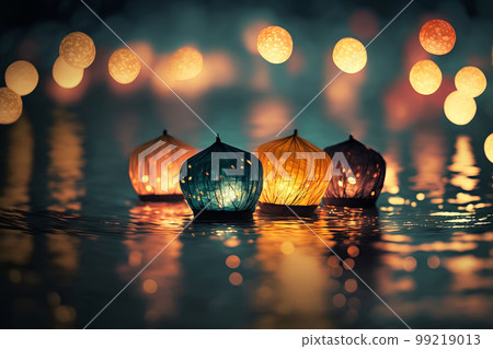 Paper lanterns float on dark water. Traditional Floating Lantern Festival, Memorial Day. Generative AI illustration 99219013