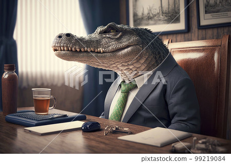 portrait of alligator in business suit at the office desk, generative ai 99219084