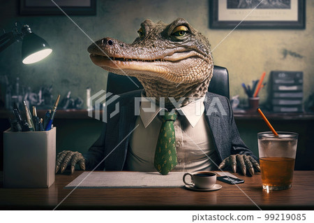 portrait of alligator in business suit at the office desk, generative ai 99219085