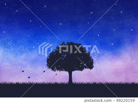 水彩夜空和星星和草甸樹象徵樹景觀 99220159