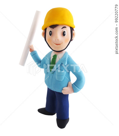 A man in work clothes wearing a helmet holding a drawing made of clay A man in work clothes wearing a helmet holding a drawing made of clay 99220779