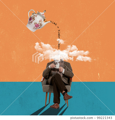 Retro man with cup of tea and dreams cloud instead of head sitting and dreaming. Blah blah blah as symbol of fake news and information. Retro man with cup of tea and dreams cloud instead of head sitting and dreaming. Blah blah blah as symbol of fake news and information. 99221343