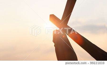 Hill of Golgotha at sunset and Jesus carrying the cross of suffering 99221810