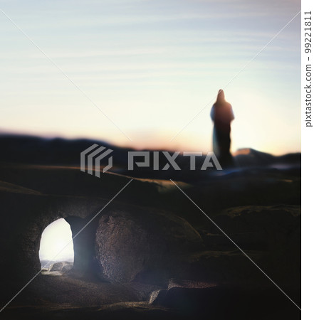 Death on the cross of Jesus Christ and resurrection of Jesus Christ from a stone tomb bokeh silhouette Death on the cross of Jesus Christ and resurrection of Jesus Christ from a stone tomb bokeh silhouette 99221811