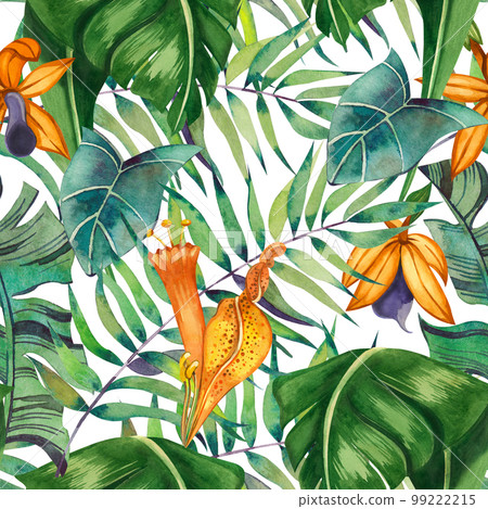 Seamless pattern on a white background. Tropical orange flowers and green plants leaves hand-drawn in watercolor on a white background. Great for printing on fabric, wallpaper 99222215