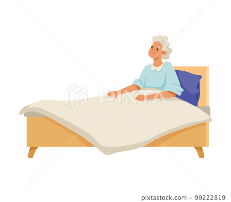 Happy Aged Gray-haired Woman on Retirement Lying in Bed Vector Illustration 99222819