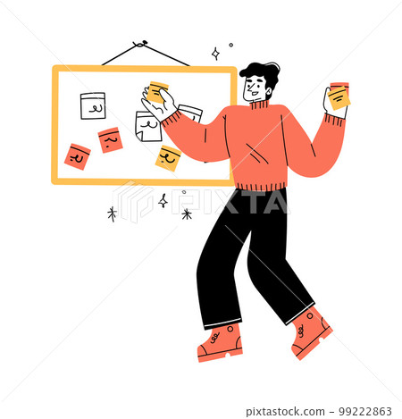 Productivity with Man Character Sticking Task on Kanban Board Vector Illustration Productivity with Man Character Sticking Task on Kanban Board Vector Illustration 99222863