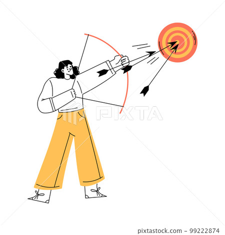 Productivity with Woman Character Shooting Bow with Arror in Aim Vector Illustration 99222874