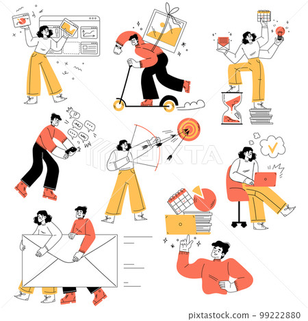 Productivity with Man and Woman Managing Tasks Vector Set 99222880
