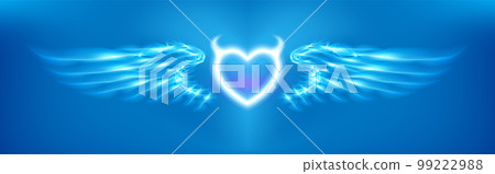 Devil heart with horns and wings on blue background. Glowing fantasy, Happy Valentines day illuminated. Imp glowing fantasy, Luxury greeting card. Glow Halloween art illumination. Vector Devil heart with horns and wings on blue background. Glowing fantasy, Happy Valentines day illuminated. Imp glowing fantasy, Luxury greeting card. Glow Halloween art illumination. Vector 99222988
