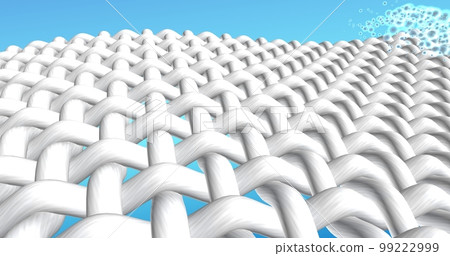 White textile network wave. Fabrics fibers interweaving and floating bubbles in macro zoom at the blue gradient background. 3d illustration for advertising of bleach, washing powder, stain remover White textile network wave. Fabrics fibers interweaving and floating bubbles in macro zoom at the blue gradient background. 3d illustration for advertising of bleach, washing powder, stain remover 99222999