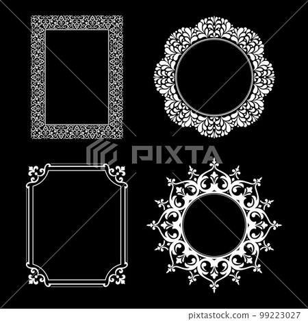 Set of decorative frames Elegant vector element for design in Eastern style, place for text. Floral black and white borders. Lace illustration for invitations and greeting cards. Set of decorative frames Elegant vector element for design in Eastern style, place for text. Floral black and white borders. Lace illustration for invitations and greeting cards. 99223027