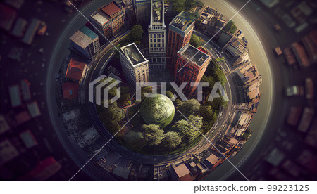 View on a collapse and ruins of a buildings in the bid city after an earthquake, aftermath, top view from the drone. Generated AI 99223125