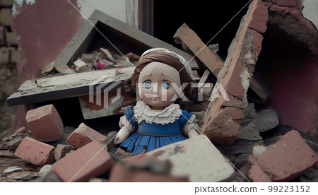 Doll and ruins of city buildings after the earthquake. Generated AI 99223152