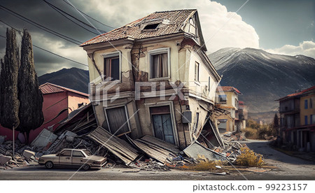 View on a collapse and ruins of a buildings after an earthquake, aftermath, mountain view on background. Generated AI 99223157