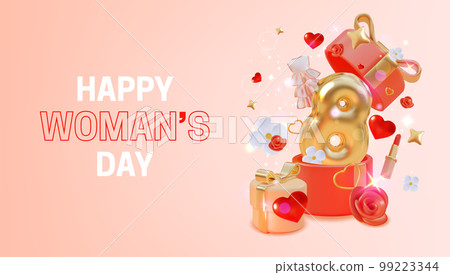 3d International Womens Day Concept Banner Plasticine Cartoon Style. Vector illustration of Eight Golden Balloon in Open Red Box 99223344