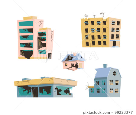 Cartoon Color Different Destroyed City Buildings Set War or Disaster Concept Flat Design Style. Vector illustration 99223377