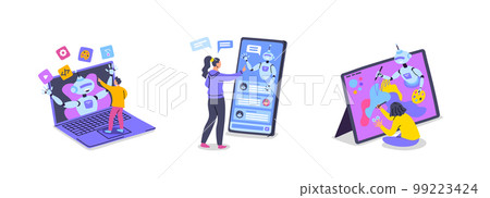 Cartoon Color Characters People AI Assistant and User Concept Flat Design Style . Vector illustration of Service Support 99223424