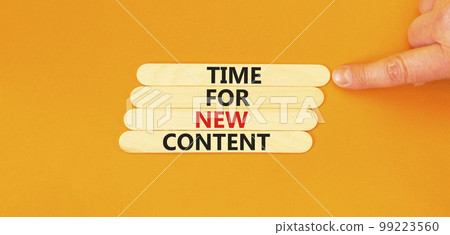 Time for new content symbol. Concept words Time for new content on wooden stick. Beautiful orange table orange background. Businessman hand. Business time for new content concept. Copy space. Time for new content symbol. Concept words Time for new content on wooden stick. Beautiful orange table orange background. Businessman hand. Business time for new content concept. Copy space. 99223560