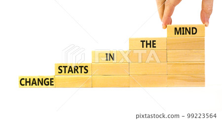 Change starts in the mind symbol. Concept words Change starts in the mind on wooden blocks on a beautiful white table white background. Business motivational and change starts in the mind concept. 99223564