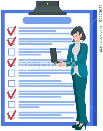 Survey, paper checklist, paperwork, woman stands with laptop at clipboard with data and marks Survey, paper checklist, paperwork, woman stands with laptop at clipboard with data and marks 99223675