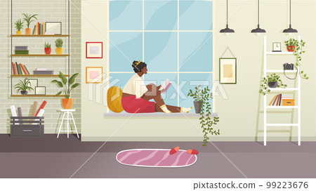 Woman reading book, sitting in windowsill. Hobby, relax, resting, at home concept. Cute girl relaxes 99223676