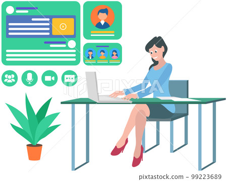 Working with social media technology, user profile. Woman browsing networks, chatting using computer 99223689