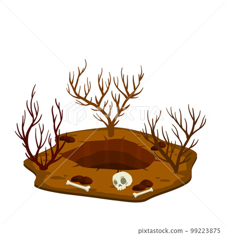 Big hole in ground. Brown dry soil and mine with skull. Human bone. Big hole in ground. Brown dry soil and mine with skull. Human bone. 99223875