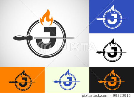 Initial J letter alphabet with a skewer and fire flame. Logo design for Barbecue, Seekh Kebab, etc. 99223915
