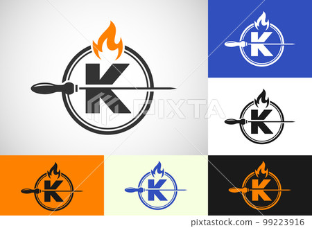 Initial K letter alphabet with a skewer and fire flame. Logo design for Barbecue, Seekh Kebab, etc. 99223916