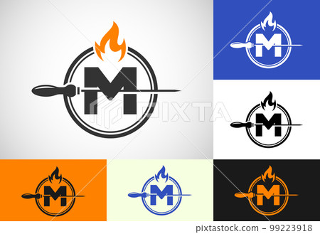 Initial M letter alphabet with a skewer and fire flame. Logo design for Barbecue, Seekh Kebab, etc. Initial M letter alphabet with a skewer and fire flame. Logo design for Barbecue, Seekh Kebab, etc. 99223918
