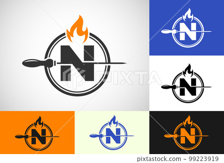 Initial N letter alphabet with a skewer and fire flame. Logo design for Barbecue, Seekh Kebab, etc. Initial N letter alphabet with a skewer and fire flame. Logo design for Barbecue, Seekh Kebab, etc. 99223919