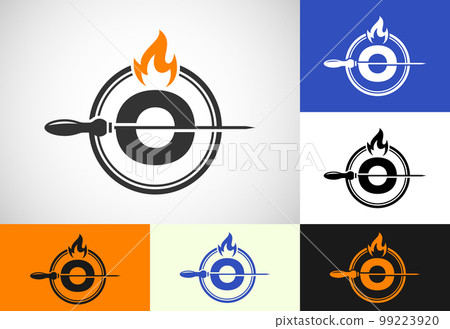 Initial O letter alphabet with a skewer and fire flame. Logo design for Barbecue, Seekh Kebab, etc. Initial O letter alphabet with a skewer and fire flame. Logo design for Barbecue, Seekh Kebab, etc. 99223920
