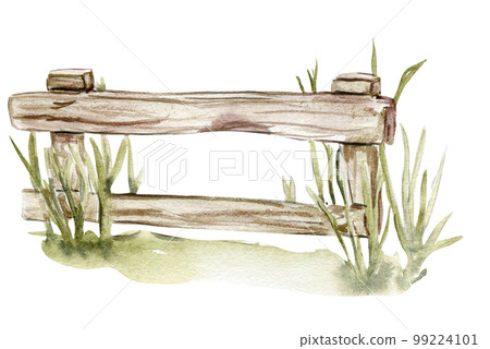 Watercolor hand drawn wooden fencewith green grass.  Cute hand painted  illustration for greeting cards, prints, souvenirs,post cards. Illustartion isolated on white background. 99224101