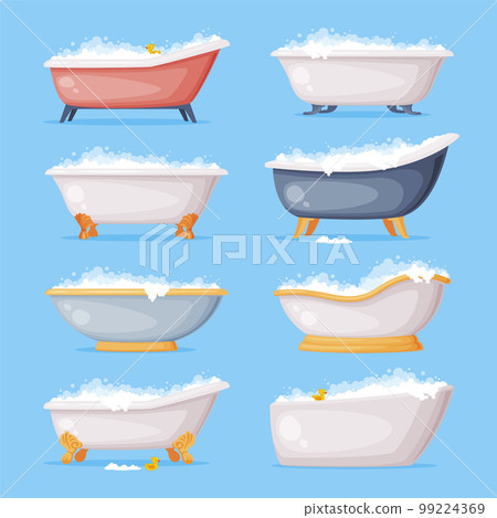 Cast Iron Bathtub on Foot Full of Water with Soap Bubbles Foam Isolated on Blue Background Vector Set Cast Iron Bathtub on Foot Full of Water with Soap Bubbles Foam Isolated on Blue Background Vector Set 99224369