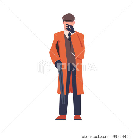 Man Bandit or Gangster of Old London Wearing Overcoat and Peaked Flat Cap Vector Illustration Man Bandit or Gangster of Old London Wearing Overcoat and Peaked Flat Cap Vector Illustration 99224401