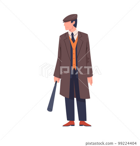 Man Bandit or Gangster of Old London Wearing Overcoat and Peaked Flat Cap Vector Illustration 99224404