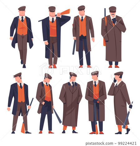Bandit or Gangster of Old London Wearing Overcoat and Peaked Flat Cap Vector Set Bandit or Gangster of Old London Wearing Overcoat and Peaked Flat Cap Vector Set 99224421