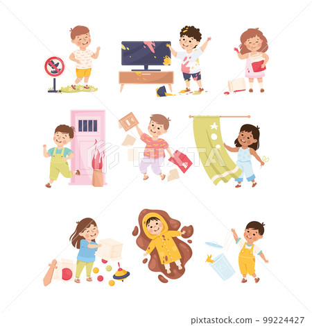 Little Mischievous Kids with Bad Behavior Making Mess and Chaos Vector Set 99224427