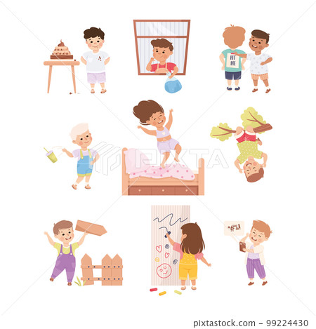 Little Mischievous Kids with Bad Behavior Making Mess and Chaos Vector Set 99224430