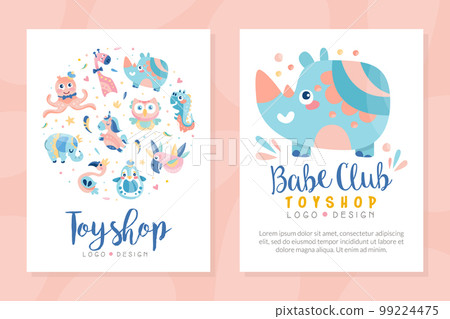 Tpy shop logo design. Baby club, education center, play zone labels, badges with cute animals and birds vector illustration Tpy shop logo design. Baby club, education center, play zone labels, badges with cute animals and birds vector illustration 99224475