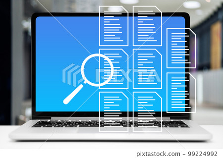 The concept of checking documents. Graphics with document icons on laptop background. The concept of checking documents. Graphics with document icons on laptop background. 99224992