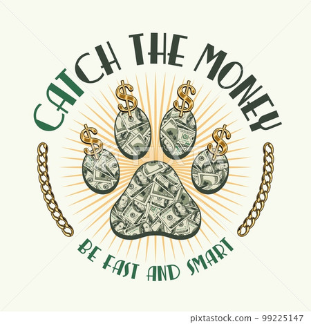 label with cats paw footprint, dollar sign, text 99225147